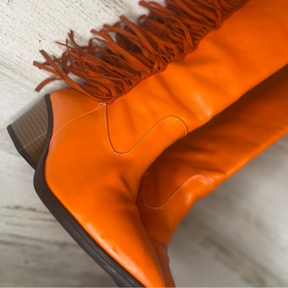 Knee High Faux Leather Tassel Fringe Pointed Toe Cowboy Boots- Orange Size 38 - Picture 14 of 16